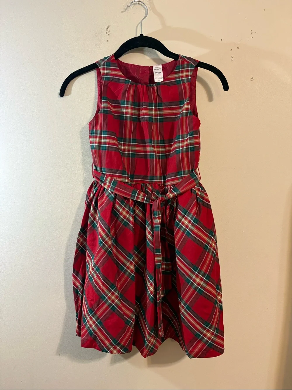 Carter’s Christmas dress girls SZ 7 red green plaid sleeveless satin holiday NWT
